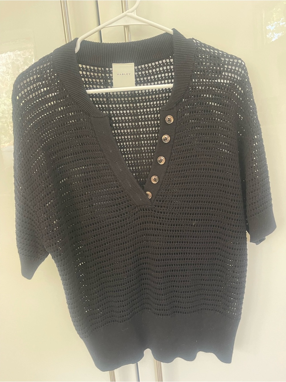 Varley Black Open-Weave V-Neck Sweater with Button Placket